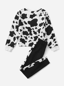 SHEIN Niñas con estampado de vaca Top & Pantalones - Blanco y Negro - Ver 2