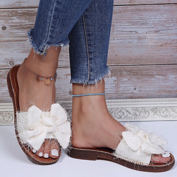 

Bow Decor Slide Sandals, White