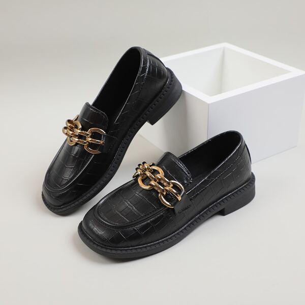 

Chain Decor Croc Embossed Flat Loafers, Black