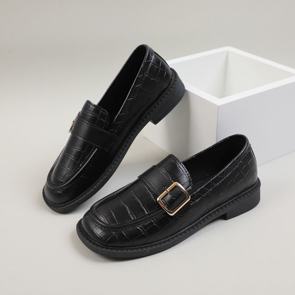 

Croc Embossed Buckle Decor Loafers, Black