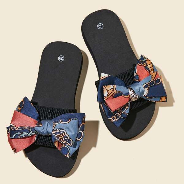 

Girls Scarf Print Bow Decor Slides, Multicolor