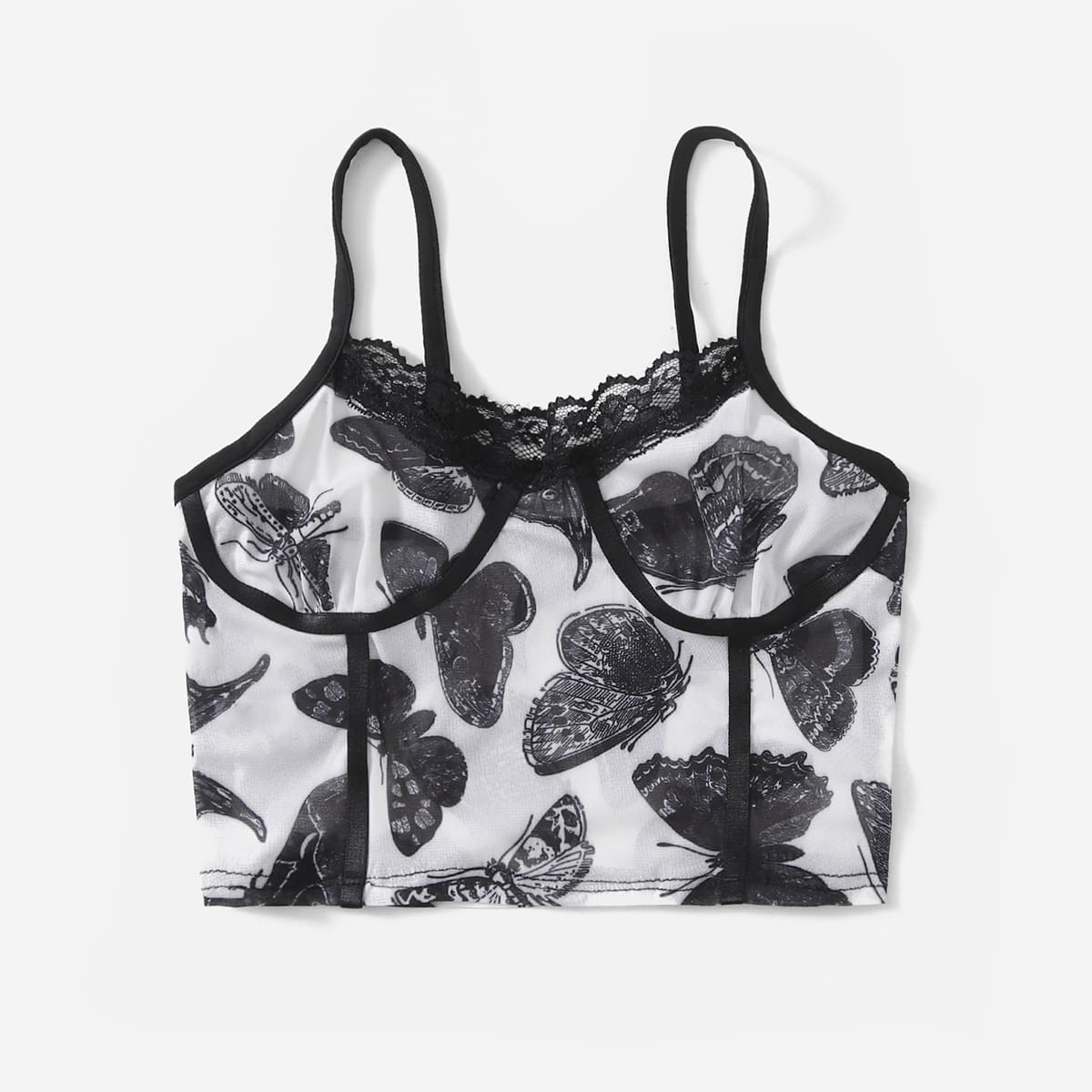 

Butterfly Print Contrast Lace Cami Top, Black