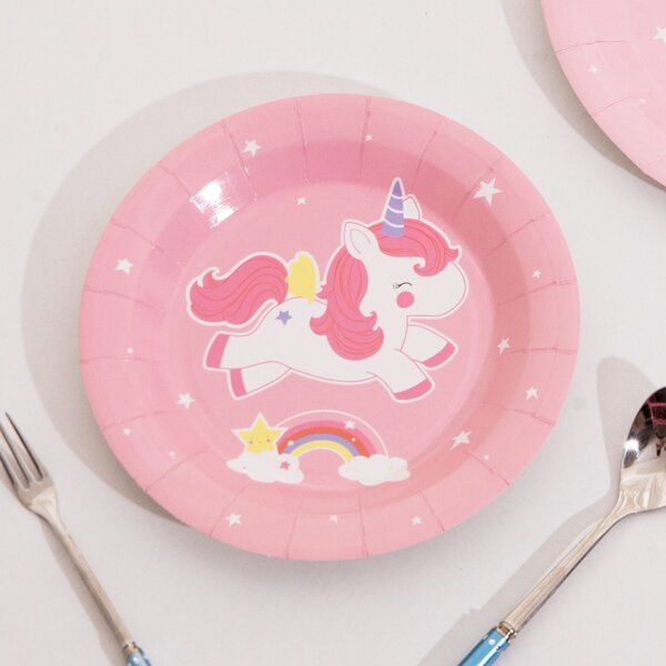 

10pcs 7 Inch Unicorn Print Disposable Plate, Pink