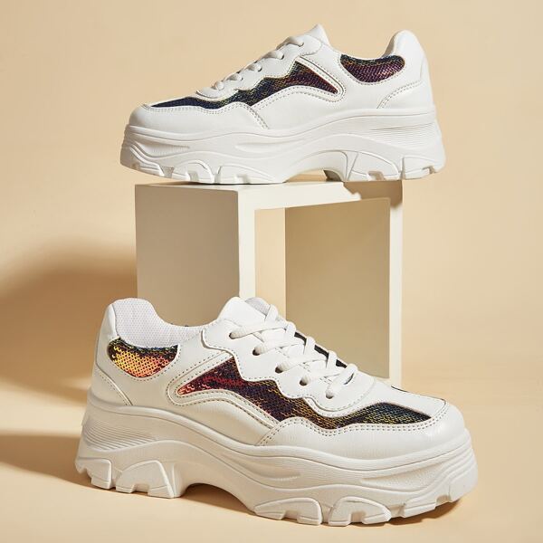

Sequin Decor Lace-up Front Chunky Sneakers, White