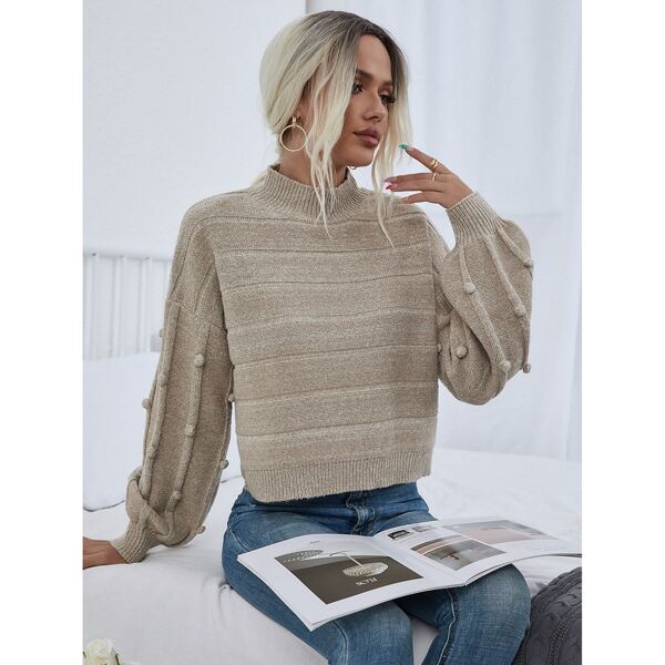 

Pom Pom Stand Neck Drop Shoulder Sweater, Khaki