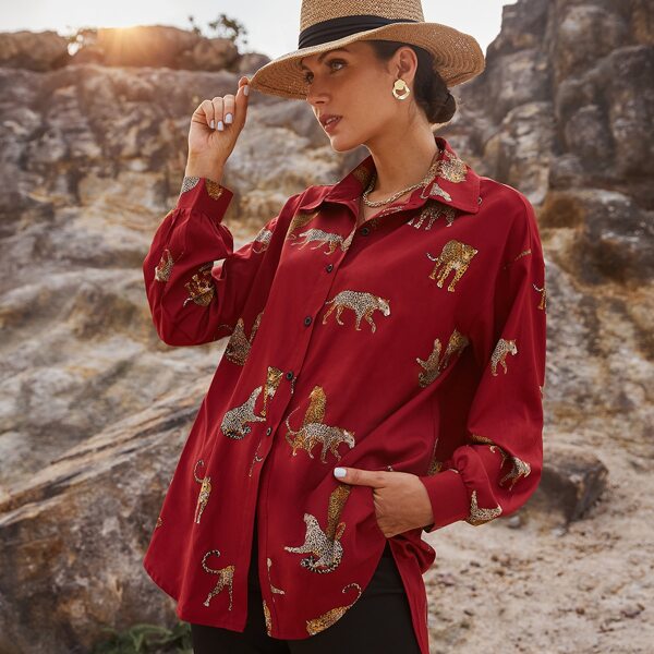 

Leopard Print High Low Blouse Without Belt, Burgundy
