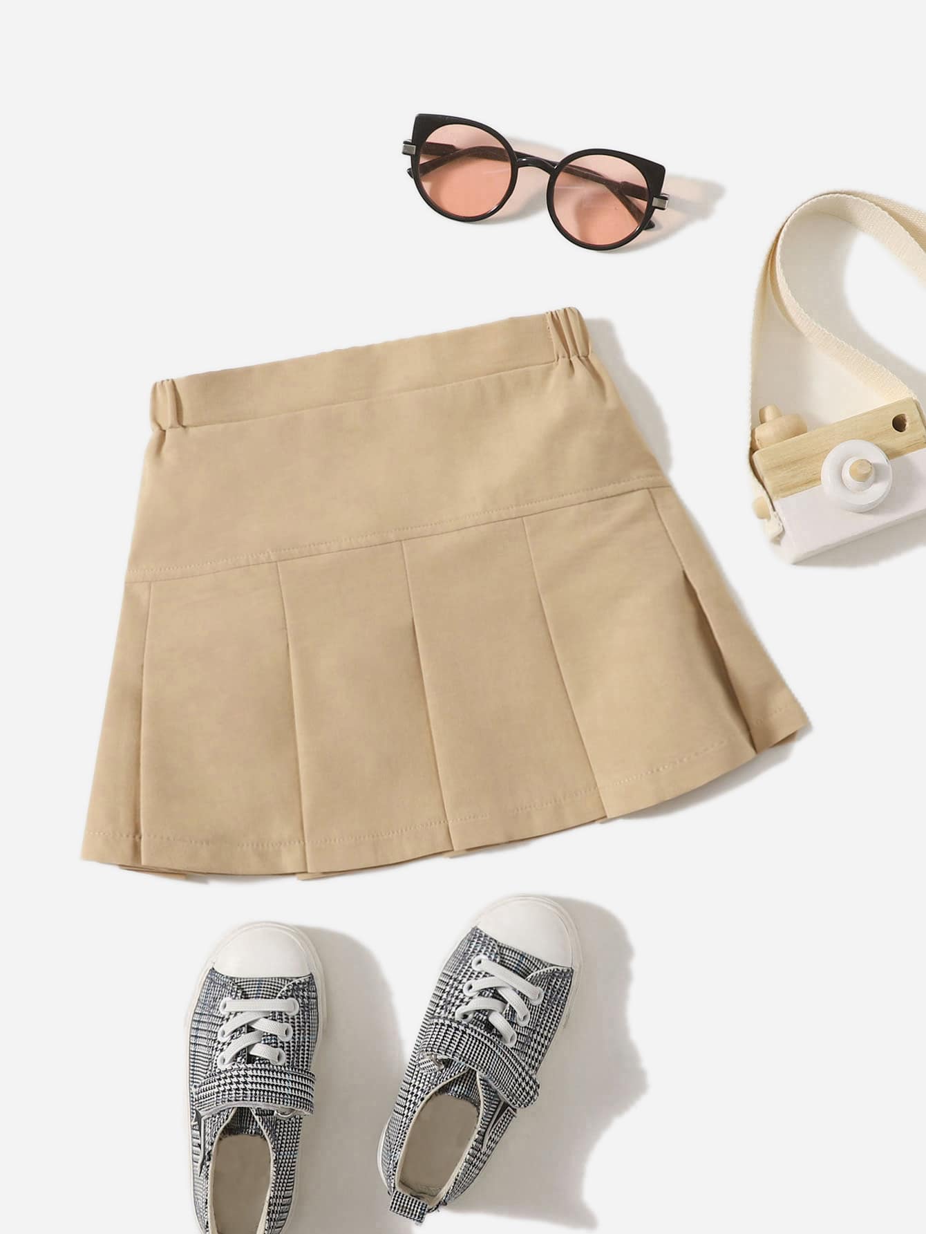 SHEIN Young Girl Skater Skirt, College Style Urban Chic, Suitable For Cool And Comfortable In Spring, Summer And Autumn. Suitable For 4-7 Years Old Girls, Suitable For Going To School, Staying At Home, And Traveling - Khaki - View 1