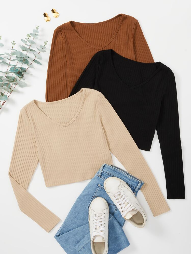 Plus 3pcs Solid Rib-Knit V Neck Tee Fall Cloth For Women