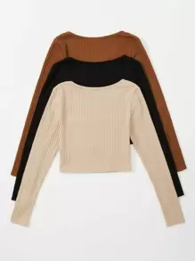 Flirla Plus 3pcs Solid Rib-knit V Neck Tee