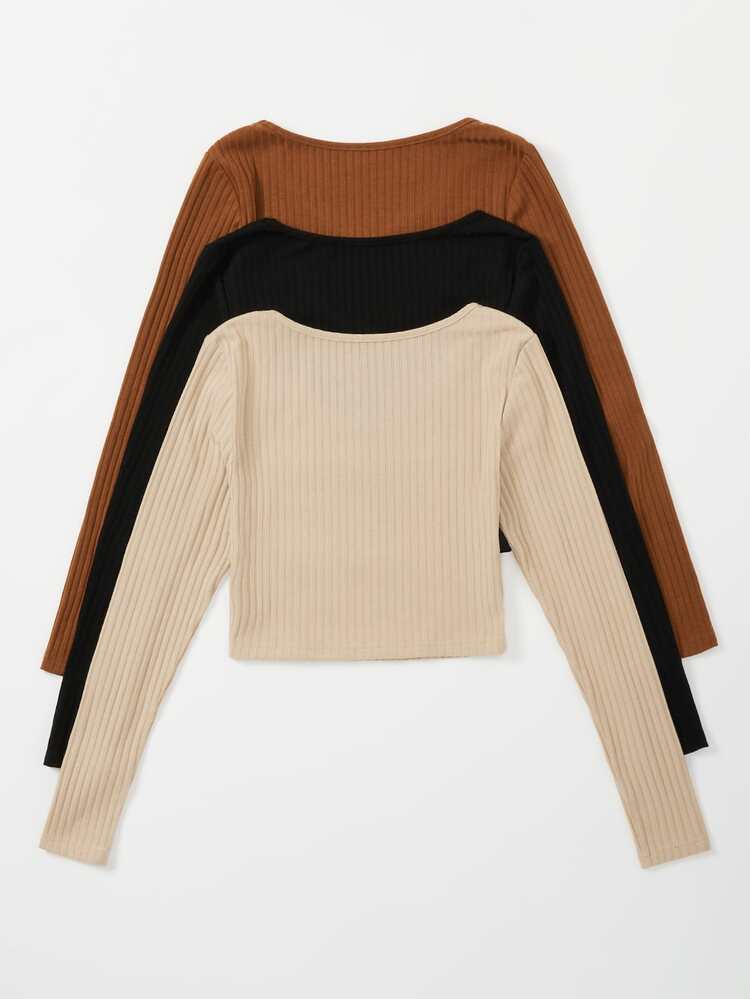 Plus 3pcs Solid Rib-Knit V Neck Tee Fall Cloth For Women