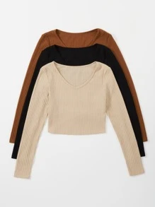 Flirla Plus 3pcs Solid Rib-knit V Neck Tee