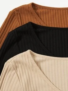 Flirla Plus 3pcs Solid Rib-knit V Neck Tee