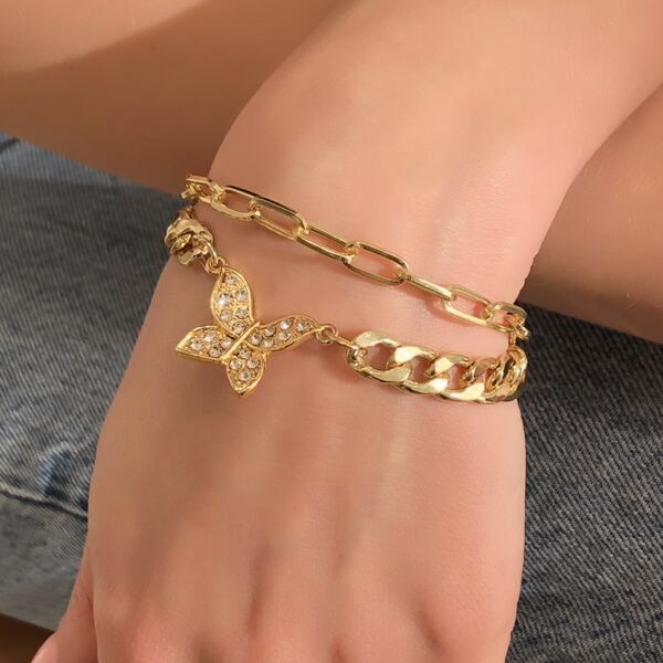 

2pcs Rhinestone Butterfly Decor Bracelet, Gold