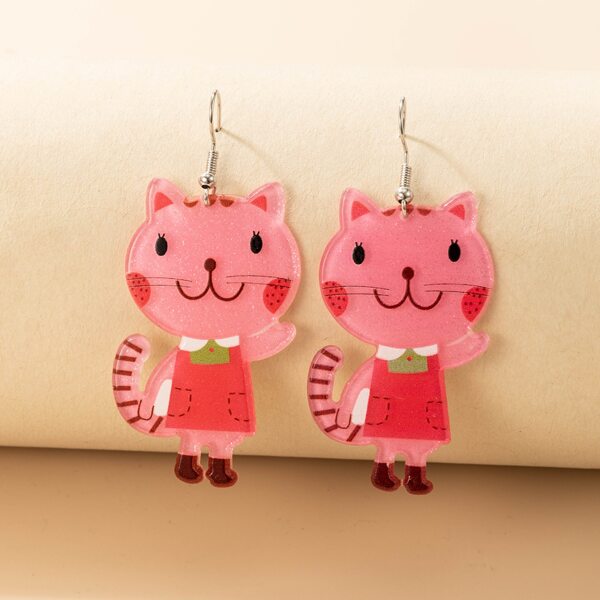 

Cartoon Cat Design Drop Earrings, Pink