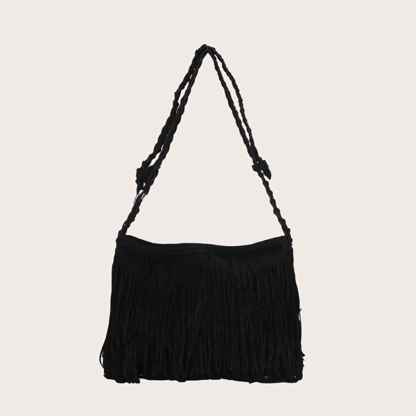 

Minimalist Fringe Decor Square Bag, Black