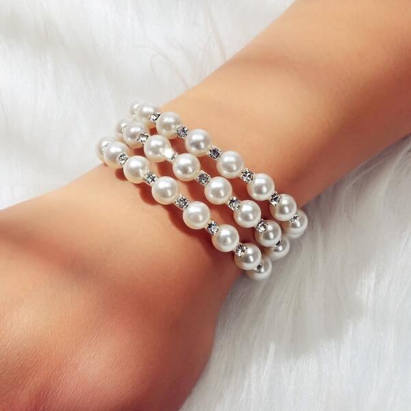 

Faux Pearl & Rhinestone Decor Layered Bracelet, White