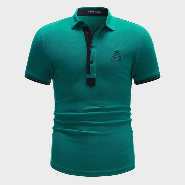 

Men Geo Embroidery Binding Polo Shirt, Green