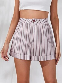 SHEIN Striped Zipper Fly Roll Up Hem Shorts - Multicolor - View 1