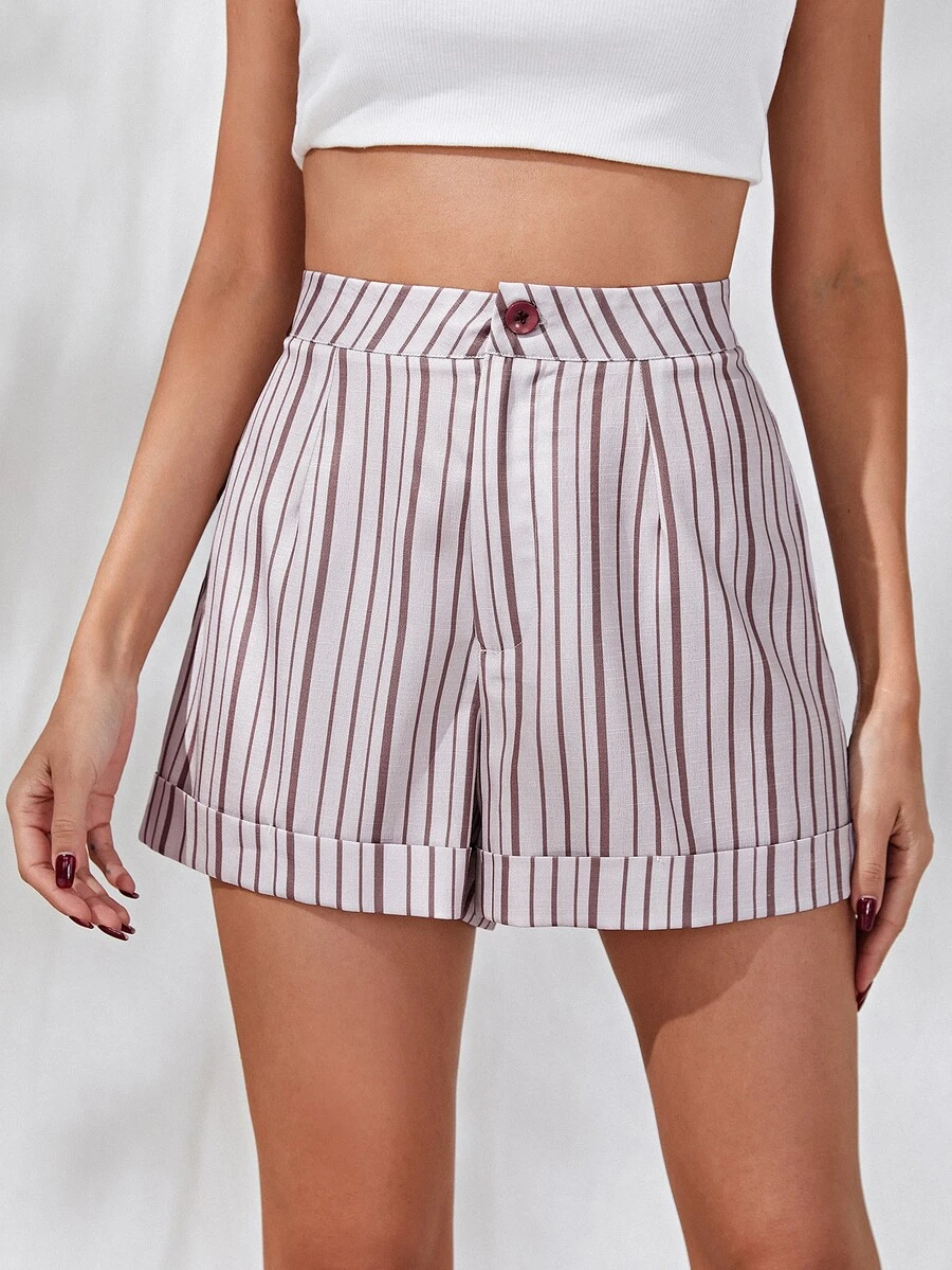 SHEIN Striped Zipper Fly Roll Up Hem Shorts - Multicolor - View 1