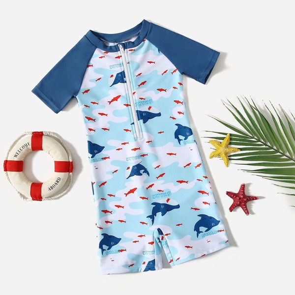 

Toddler Boys Fish Print Zip Front One Piece Swimsuit, Multicolor