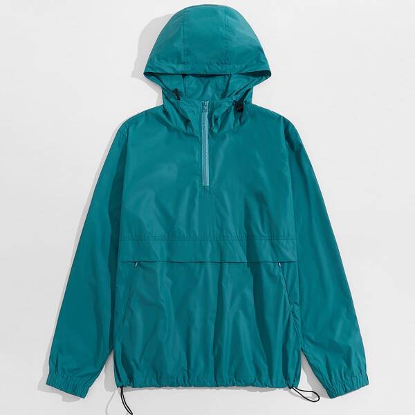 

Men Half Zip Drawstring Hem Hooded Windbreaker Jacket, Teal blue
