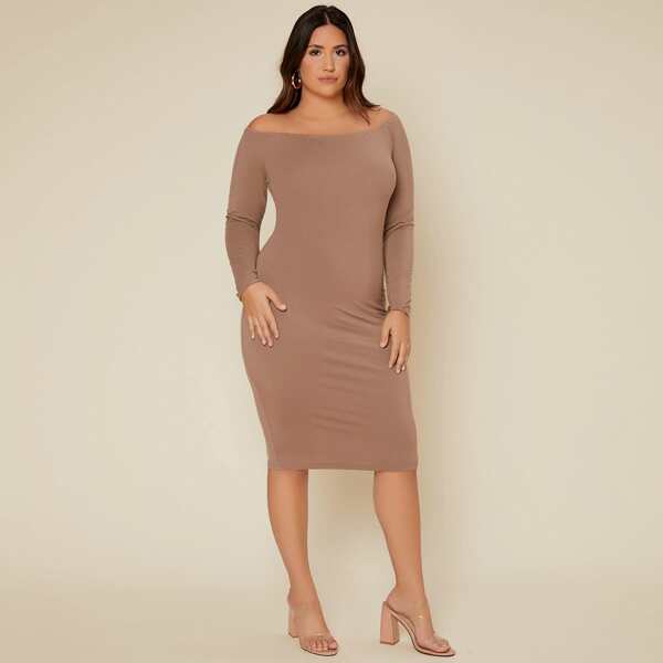 

Plus Off Shoulder Bodycon Dress, Apricot