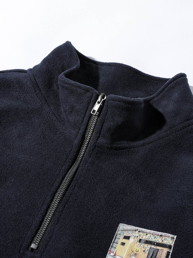 Manfinity Hypemode 男士拼接法兰绒宽松卫衣，四分之一拉链，适合秋冬季节，长袖上衣 - 藏蓝色 - 查看 4