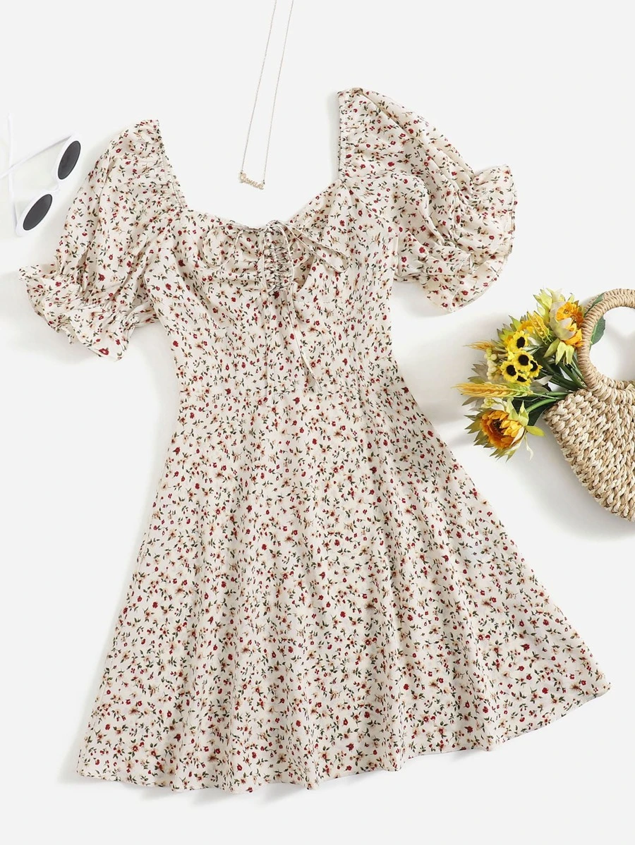 Soleia Ditsy Floral Print Puff Sleeve Drawstring Dress - Multicolor - View 1