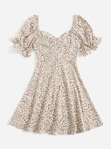 Soleia Ditsy Floral Print Puff Sleeve Drawstring Dress - Multicolor - View 2