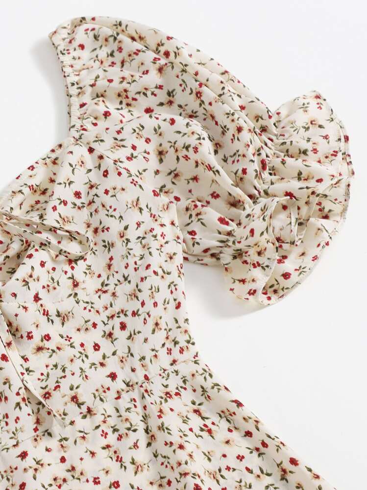 Soleia Ditsy Floral Print Puff Sleeve Drawstring Dress - Multicolor - View 4