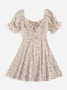Soleia Ditsy Floral Print Puff Sleeve Drawstring Dress - Multicolor - View 5