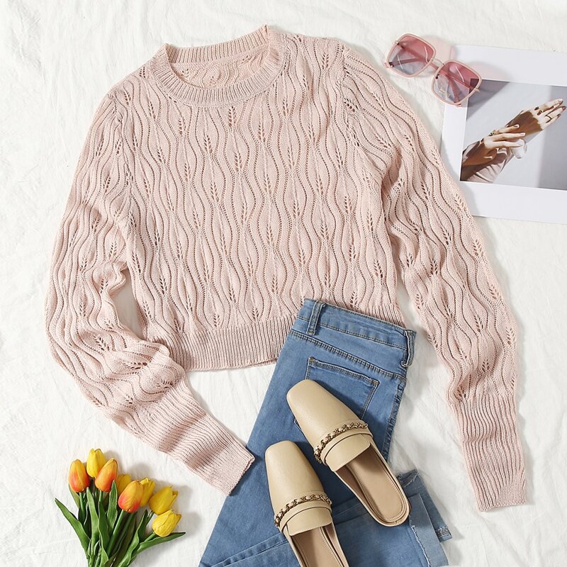 

Solid Pointelle Knit Sweater, Baby pink