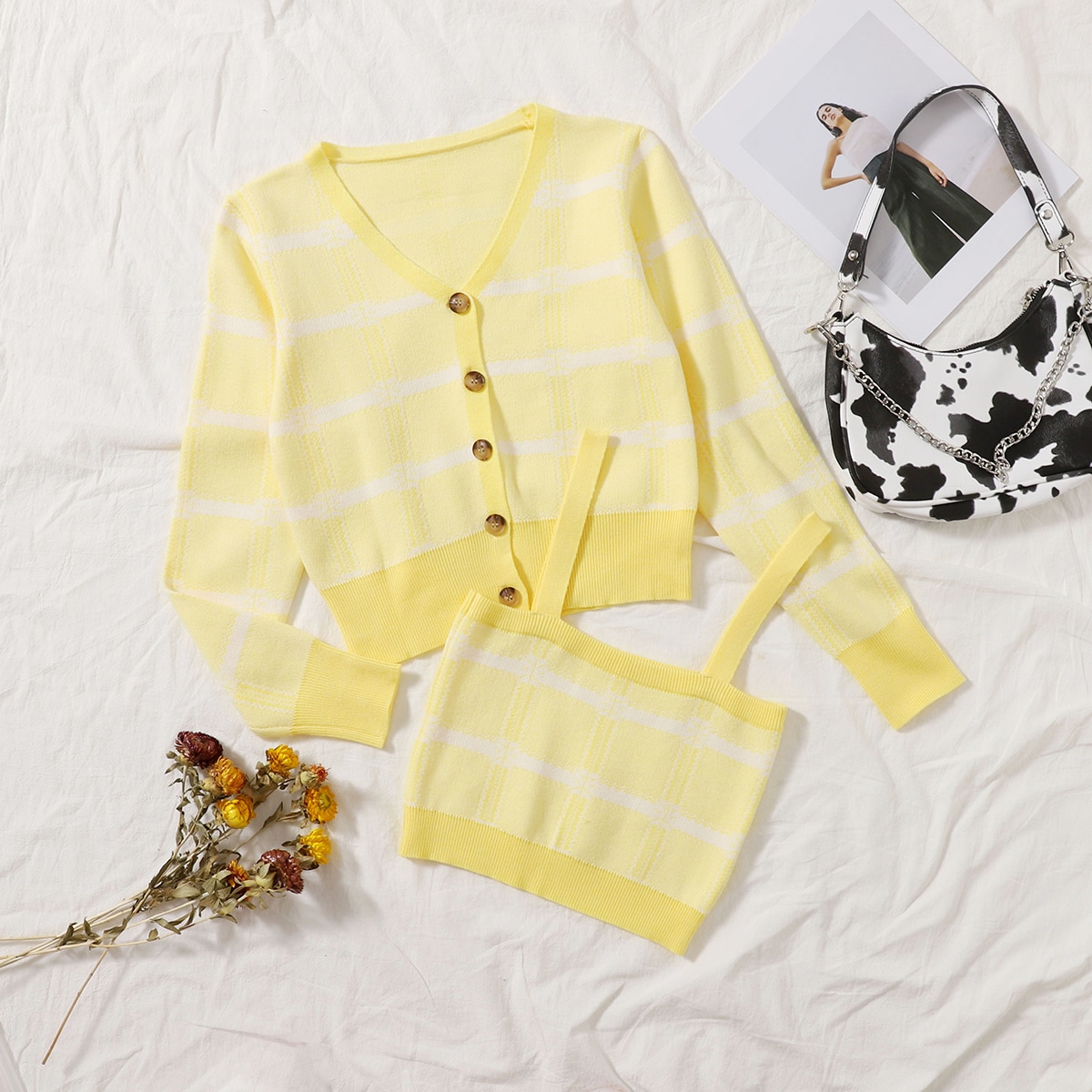button front contrast binding plaid cardigan