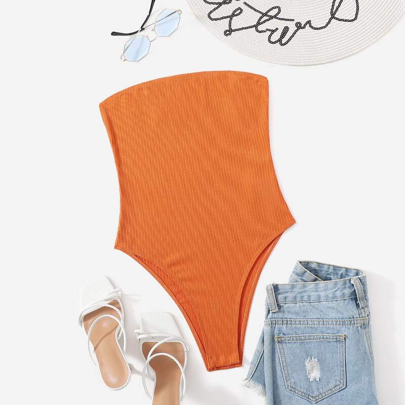 

Rib-knit Tube Bodysuit, Orange