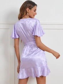 Floral Flutter Sleeve Belted Wrap Dress - Mauve Purple - View 2