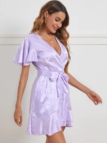 Floral Flutter Sleeve Belted Wrap Dress - Mauve Purple - View 3
