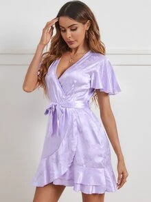 Floral Flutter Sleeve Belted Wrap Dress - Mauve Purple - View 4