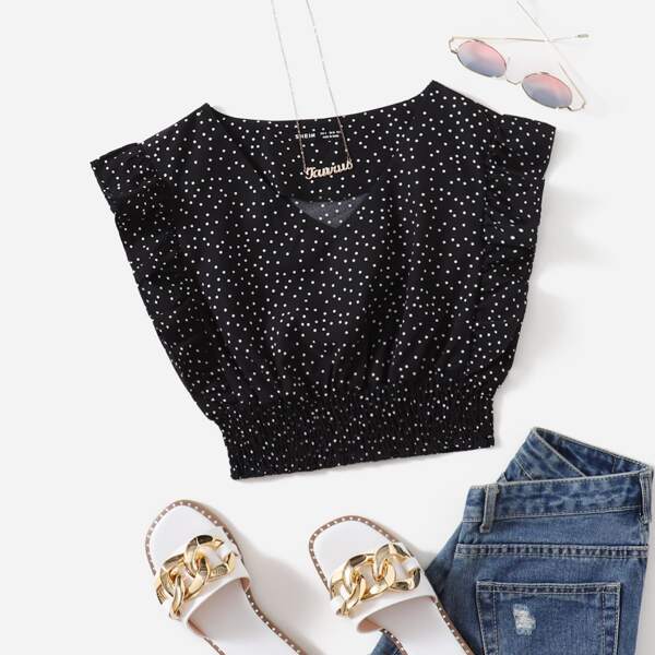 

Polka Dot Ruffle Trim Shirred Hem Crop Top, Black