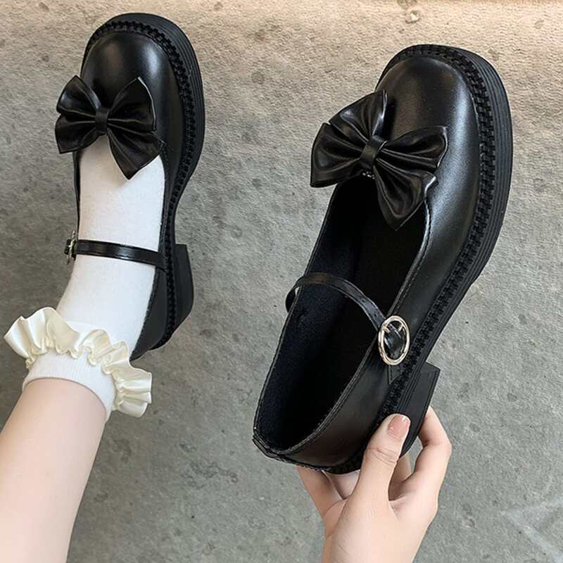 

Bow Decor Buckle Chunky Heeled Mary Jane Shoes, Black