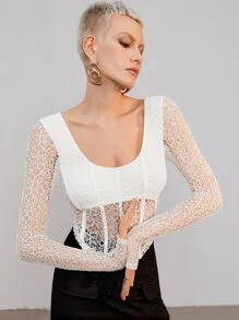 SHEIN Top de cuello scoop transparente con encaje - Blanco - Ver 2