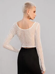 SHEIN Top de cuello scoop transparente con encaje - Blanco - Ver 3