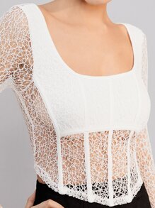 SHEIN Top de cuello scoop transparente con encaje - Blanco - Ver 5