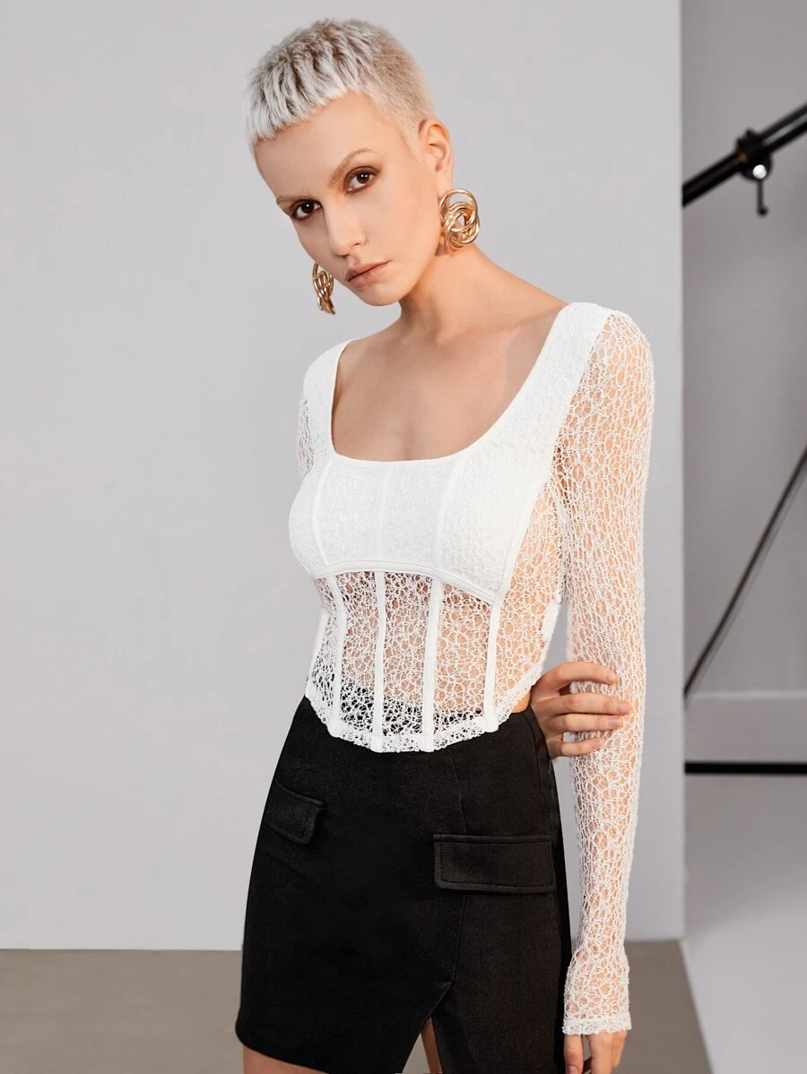 SHEIN Top de cuello scoop transparente con encaje - Blanco - Ver 1