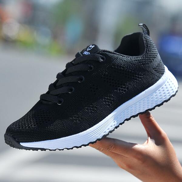 

Minimalist Knit Detail Lace-up Front Running Shoes, Black