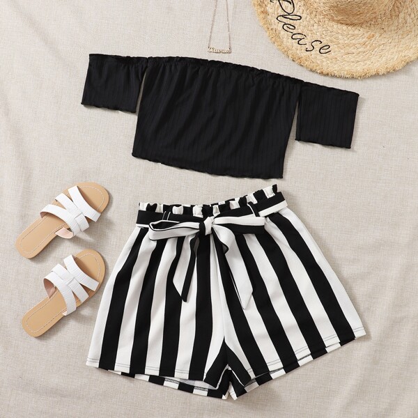

Off The Shoulder Crop Top & Striped Belted Paperbag Shorts, Black and white