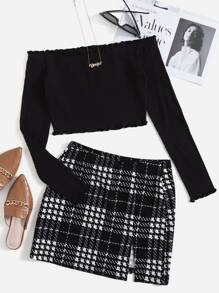SHEIN EZwear Off Shoulder Lettuce Trim Tee and Plaid Print Skirt Set - Black - View 1