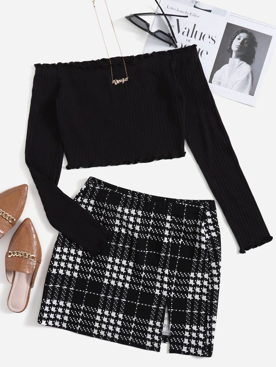 SHEIN EZwear Off Shoulder Lettuce Trim Tee and Plaid Print Skirt Set - Black - View 1