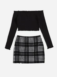SHEIN EZwear Off Shoulder Lettuce Trim Tee and Plaid Print Skirt Set - Black - View 2
