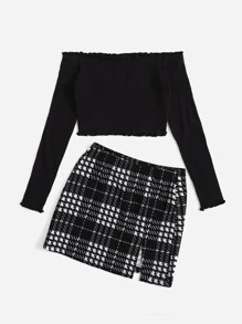 SHEIN EZwear Off Shoulder Lettuce Trim Tee and Plaid Print Skirt Set - Black - View 3
