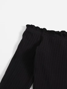 SHEIN EZwear Off Shoulder Lettuce Trim Tee and Plaid Print Skirt Set - Black - View 4